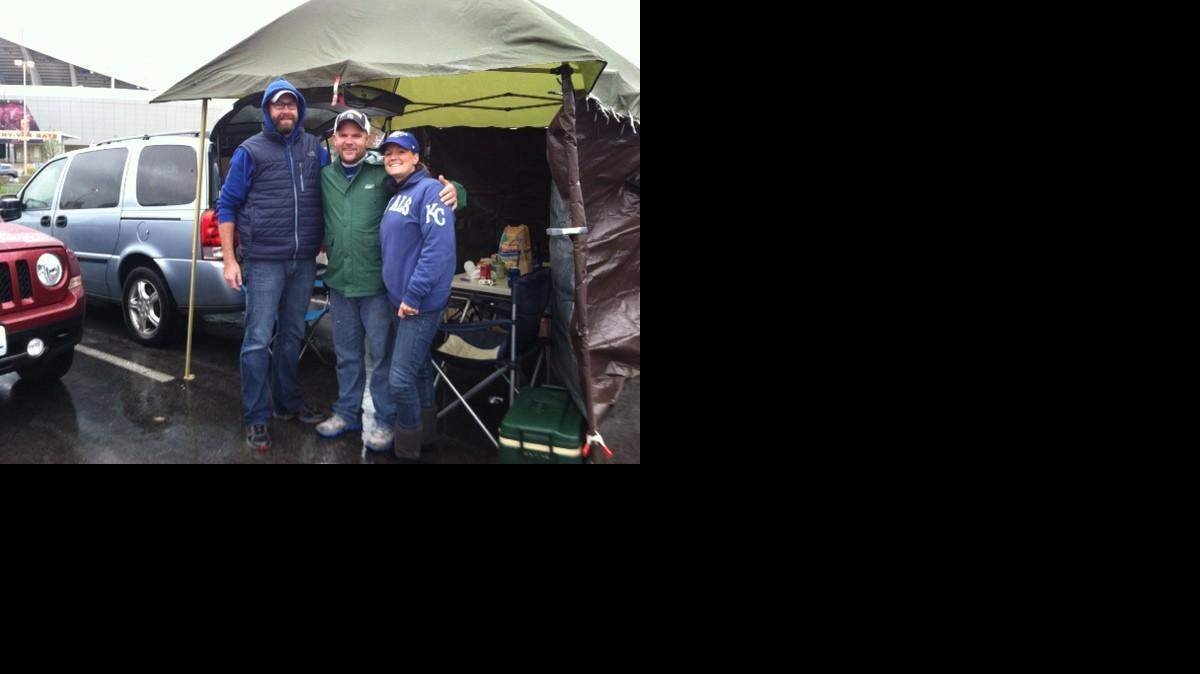 
Josh Leighninger, 37, and wife, Kristin Leighninger, 33, with friend, Jeromy Watkins, 38, of Kansas City, North had the gear to stay dry Monday.
