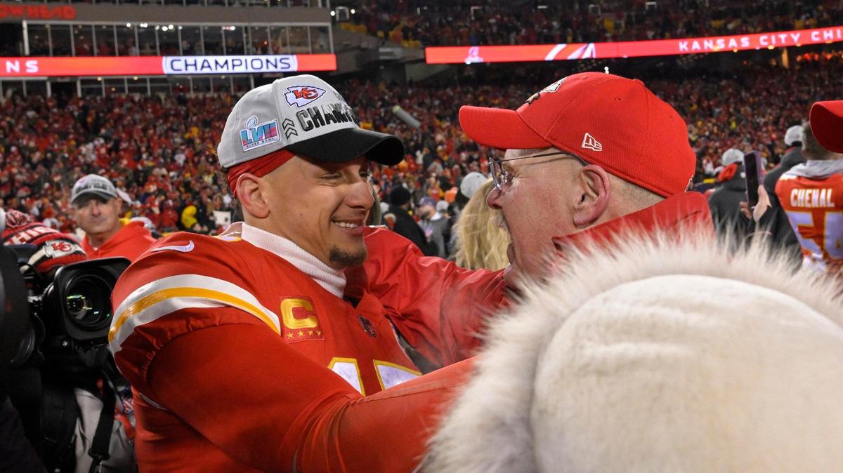 Chiefs quarterback Patrick Mahomes celebrated with Head Coach Andy Reid after the Chiefs defeated the Cincinnati Bengals, 23-20, in the AFC Championship Game on Sunday, Jan. 29, 2023, at GEHA Field at Arrowhead Stadium.