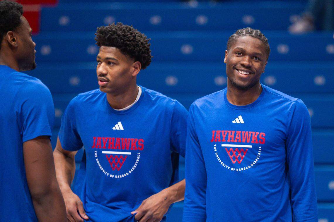 Kansas Jayhawks forward Flory Bidunga (40) smiles during warmups prior to the game vs. the Houston Cougars on Monday, February 23, 2026, at Allen Fieldhouse.