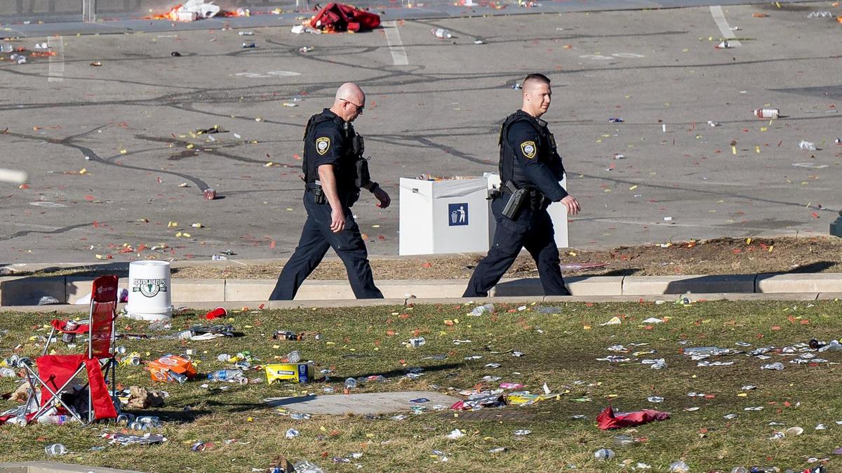 Police officers walk outside of Union Station after a shooting broke out following the Kansas City Chiefs Super Bowl LVIII victory parade on Wednesday, Feb. 14, 2024, in Kansas City.