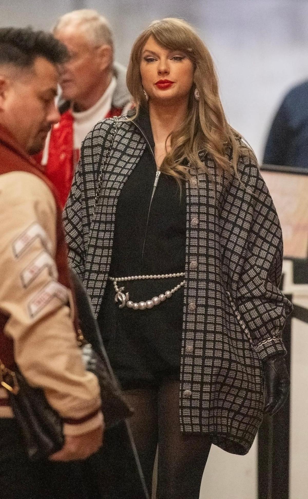 Taylor Swift arrives for the Kansas City Chiefs game against the Houston Texans during the AFC Divisional Round playoff game on Saturday, Jan. 18, 2025, at GEHA Field at Arrowhead Stadium.