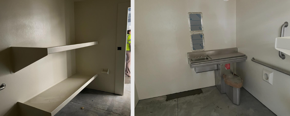 A view of what will be the cells inside Kansas City’s future temporary jail in recent photos from the construction site. The facility remains under construction and is expected to be finished in May, ahead of the World Cup.
