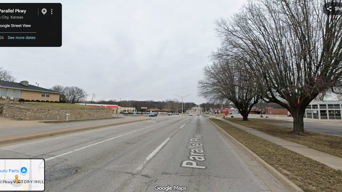 A motorcyclist collided with a vehicle near 78th and Parallel Parkway in Kansas City, Kansas. The road is shown in this Google Street View screenshot from February 2026.