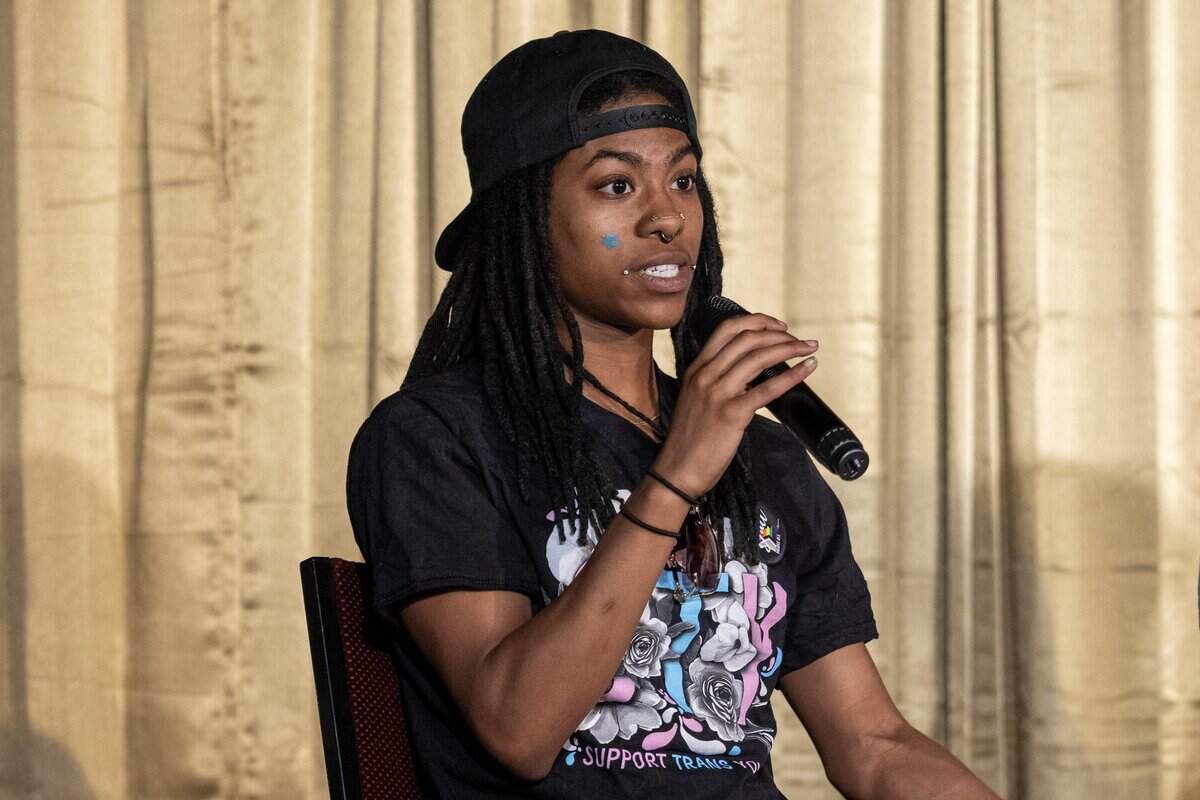 Anakin Deboe speaks on a panel at Spirit of Hope MCC during a Trans Day of Remembrance event on Tuesday, March 31, 2026, in Kansas City.
