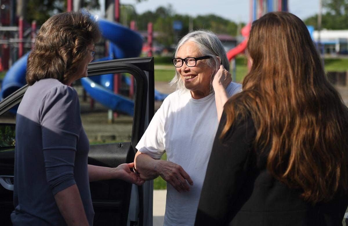 Sandra “Sandy” Hemme, center, meets with family and supporters after she was released from the Chillicothe Correctional Center on Friday in Chillicothe, Missouri. Hemme has been in prison more than 43 years for a murder she did not commit.