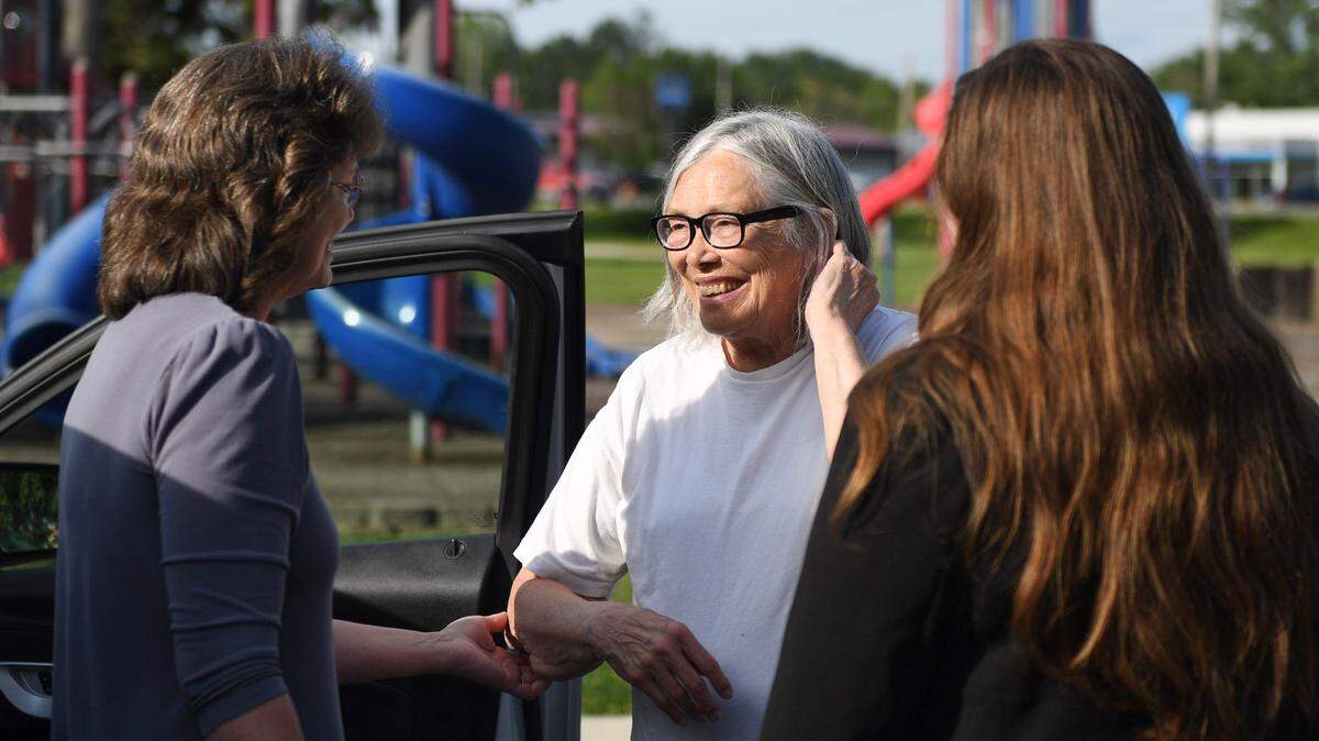 Sandra “Sandy” Hemme, center, meets with family and supporters after she was released from the Chillicothe Correctional Center in July in Chillicothe, Missouri. Hemme was in prison more than 43 years for a murder she did not commit.