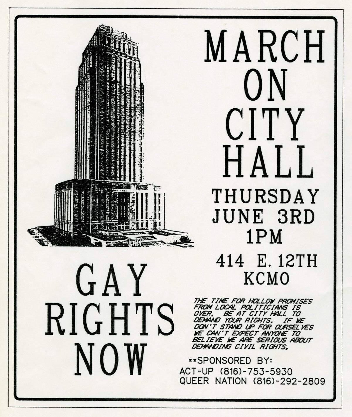 Poster promoting a march on City Hall for gay rights.