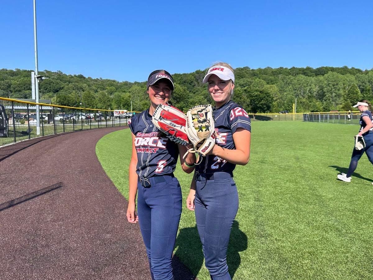 Minnesota Force class of 2025 pitchers Jorey Fry (right) and Carter Raymond (left) stand together prior to their first game at Kansas City’s annual Top Gun Softball Invitational in Shawnee, on June 13, 2024.