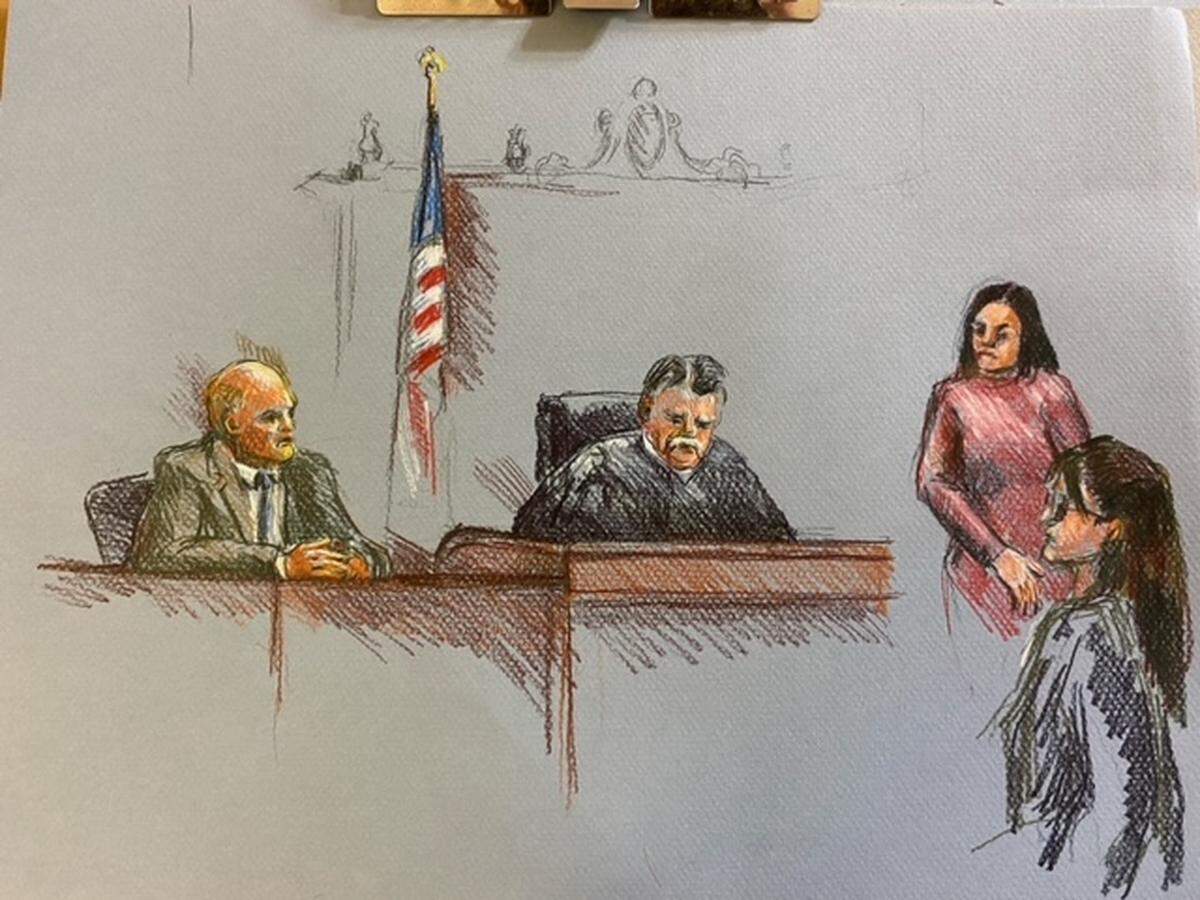 A courtroom sketch by artist Marci Aylward shows Dan Cahill, a former assistant district attorney and now a Wyandotte County judge, testifying Monday before Judge Gunnar Sundby.