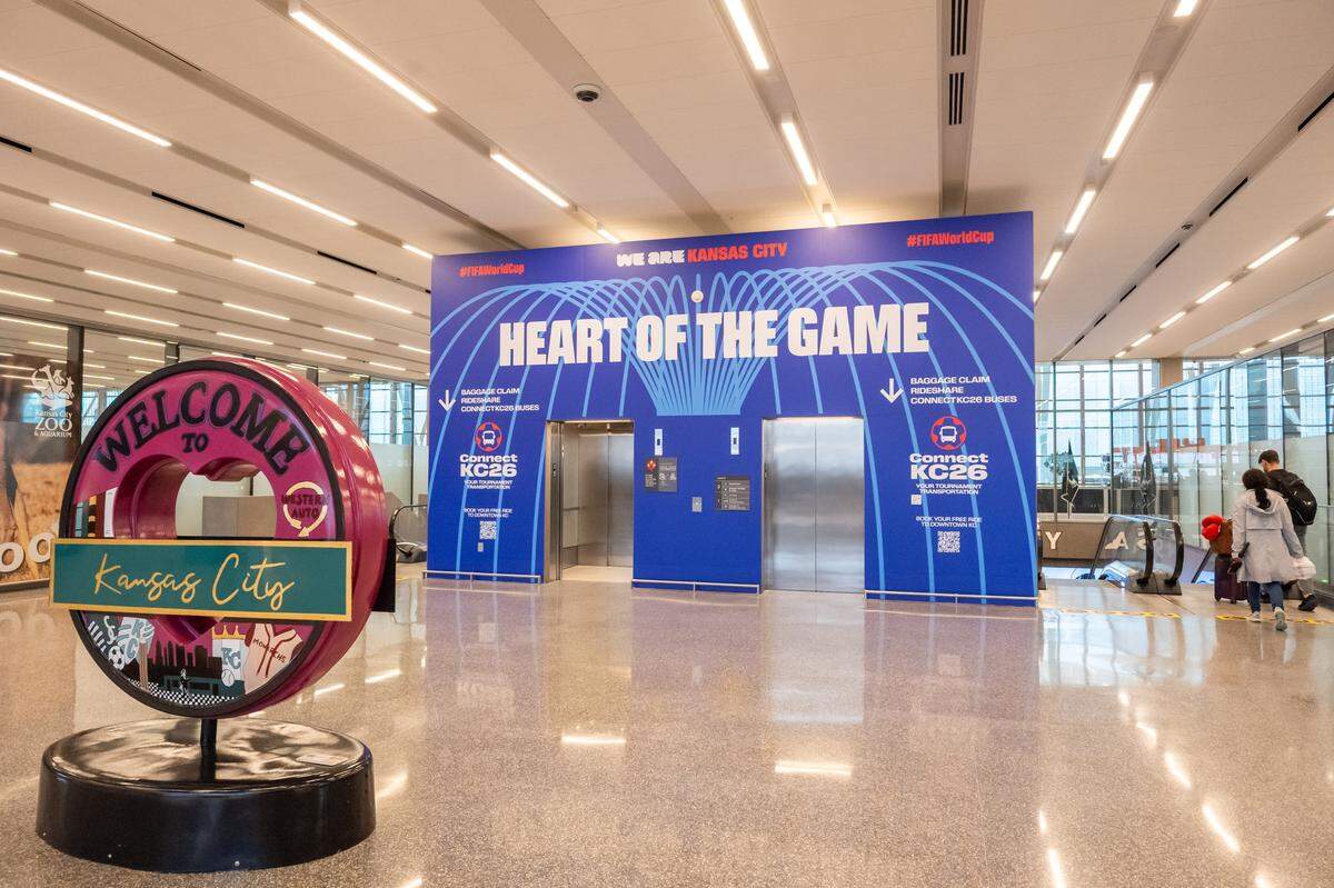 A wall decal is on display over the elevators near security gate at Kansas City International Airport on Wednesday, April 29, 2026.