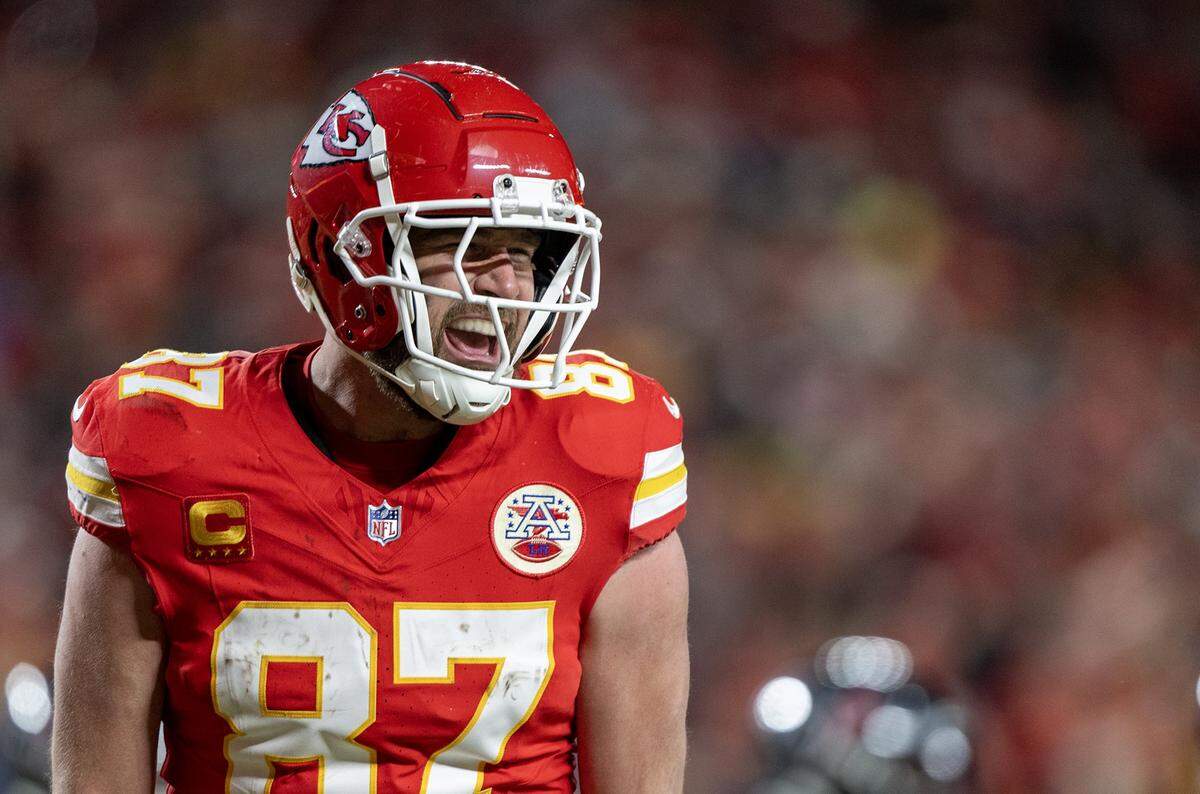 Kansas City Chiefs tight end Travis Kelce was fired up after scoring a touchdown in the second half of the AFC Divisional Round playoff game on January 18, 2025, at GEHA Field at Arrowhead Stadium. The Chiefs defeated the Texans 23-14. 