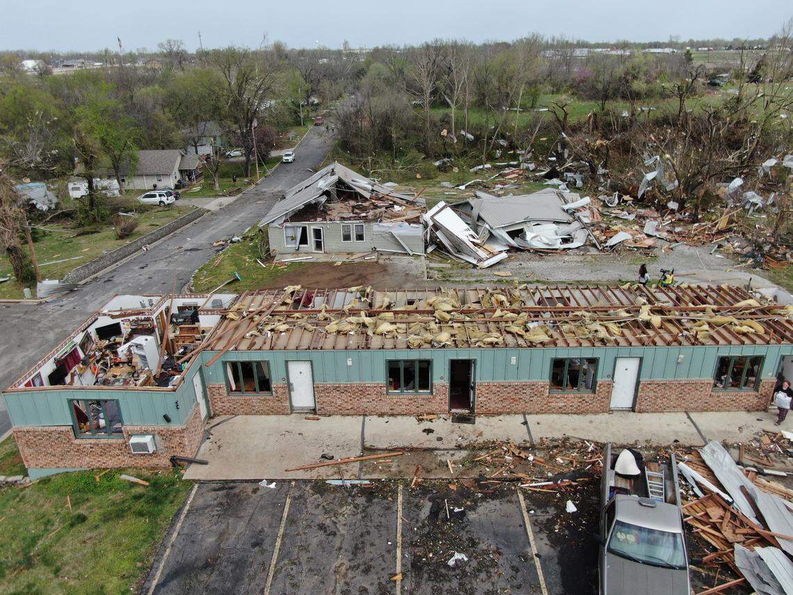 The Oaks student housing center, foreground, and other nearby structures in Nevada, Missouri, sustained heavy damage when they were hit by a tornado that tore through the town on April 2, 2025.