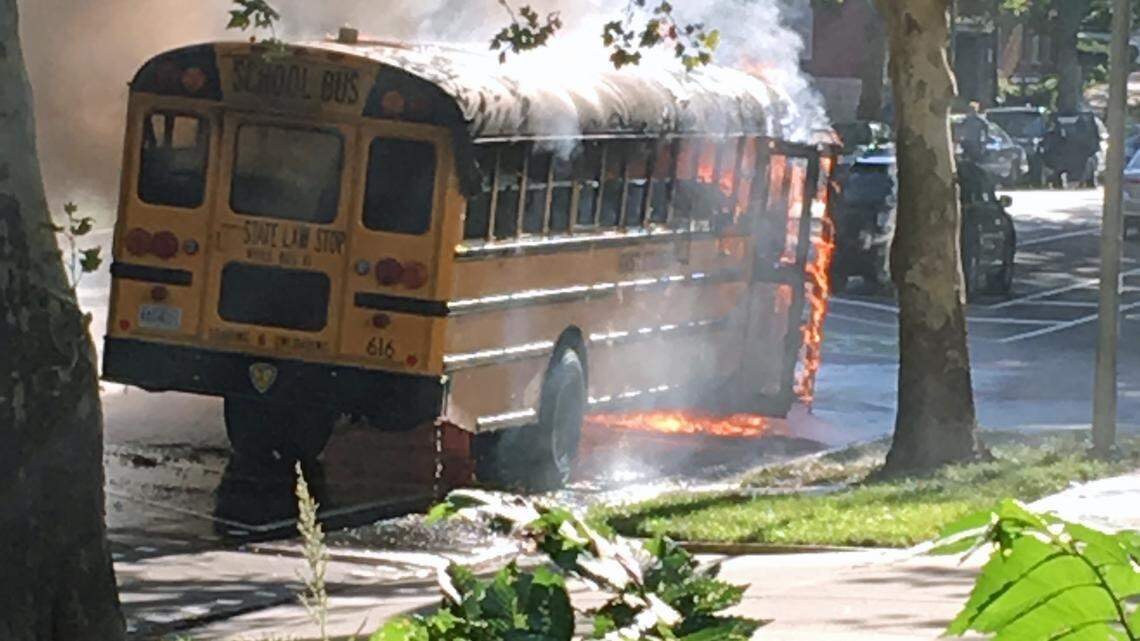 A school bus carrying children to Kansas City Public Schools’ Foreign Language Academy in midtown caught fire Tuesday morning. No one was injured in the blaze, but the bus was heavily damaged.