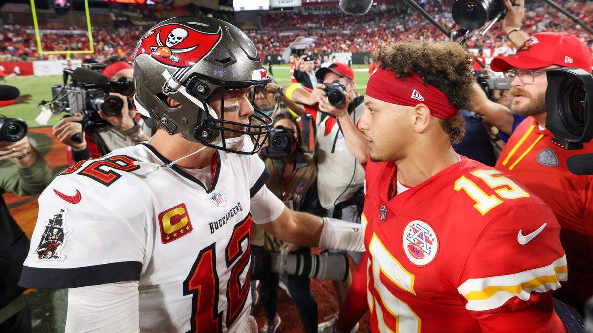 Tampa Bay Buccaneers quarterback Tom Brady (12) greeted Kansas City Chiefs quarterback Patrick Mahomes (15) after a 2022 game at Raymond James Stadium.