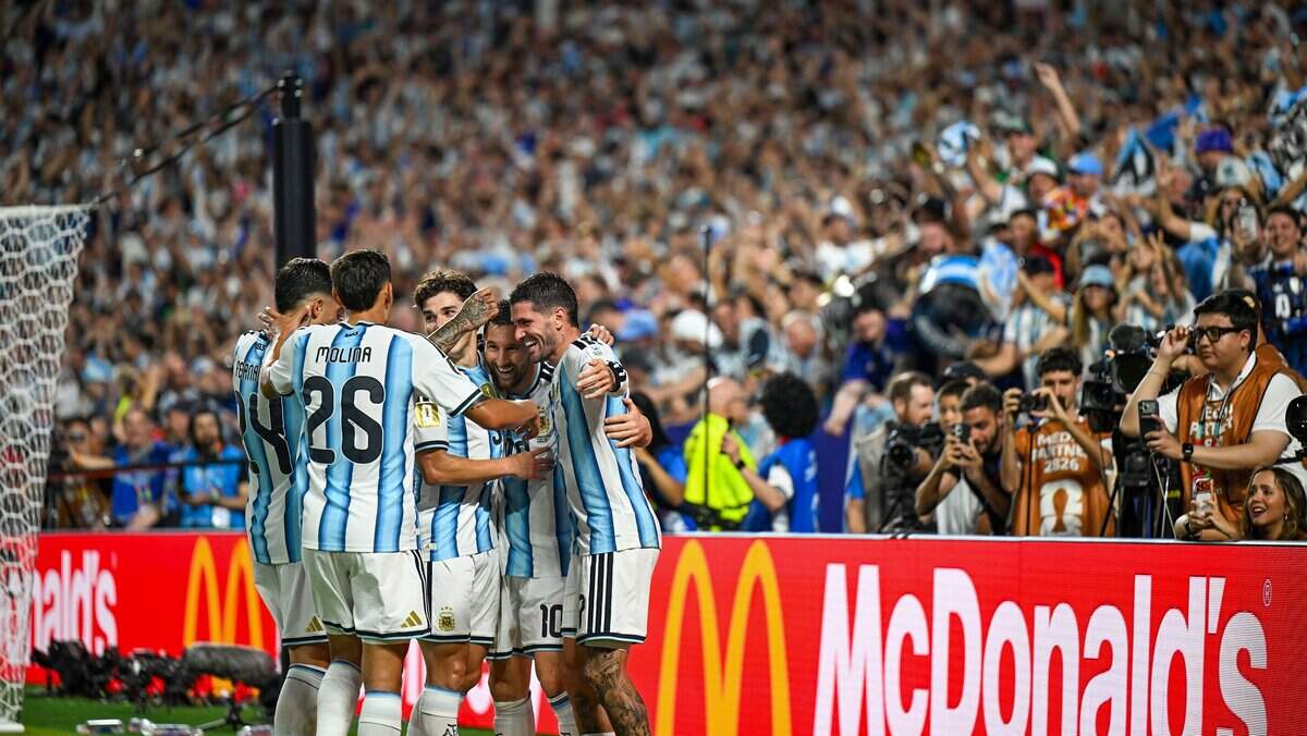Argentina forward Lionel Messi (10) and his teammates celebrate after his second goal in the Argentina vs. Algeria FIFA World Cup group-stage soccer match at Kansas City (Arrowhead) Stadium in Kansas City on Tuesday, June 16, 2026.