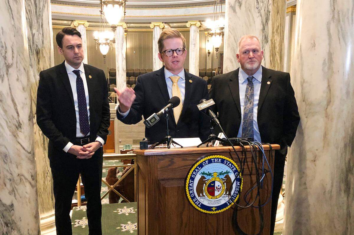 Senate President Pro Tem Caleb Rowden, a Columbia Republican, center, was joined by Senate Minority Leader John Rizzo, an Independence Democrat, left, and Sen. Dave Schatz, right, at a 2020 news conference in Jefferson City.