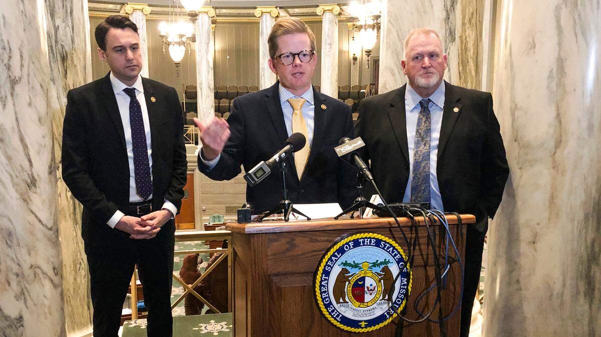 Senate President Pro Tem Caleb Rowden, a Columbia Republican, center, was joined by Democratic Senate Minority Leader John Rizzo, left, Independence,and Sen, Dave Schatz, right, at a 2020 news conference in Jefferson City. Rowden is like many republicans who argue that it is too easy to amend the constitution in Missouri while Rizzo, like many democrats, frame any issue to change the petition process as an attack on democracy.