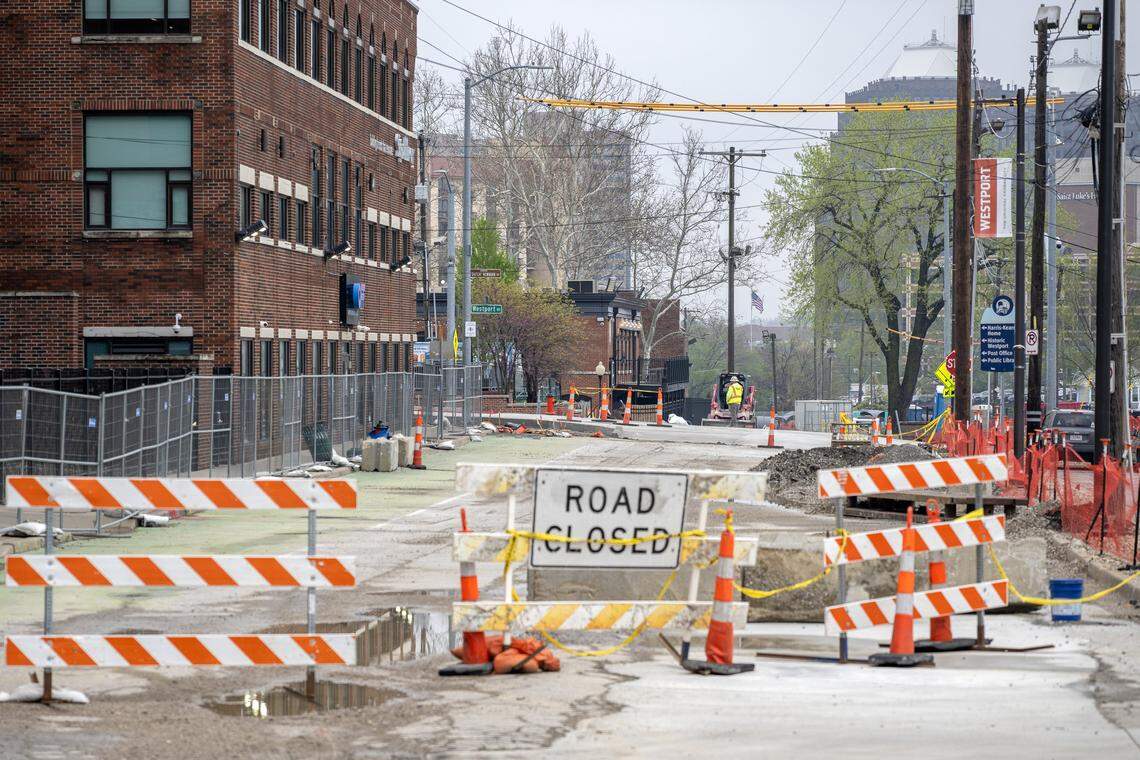 Construction is seen along Mill Street on Friday, April 10, 2026, in Kansas City.