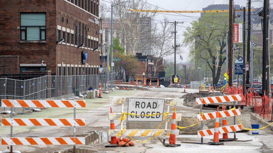 Construction is seen along Mill Street on Friday, April 10, 2026, in Kansas City.