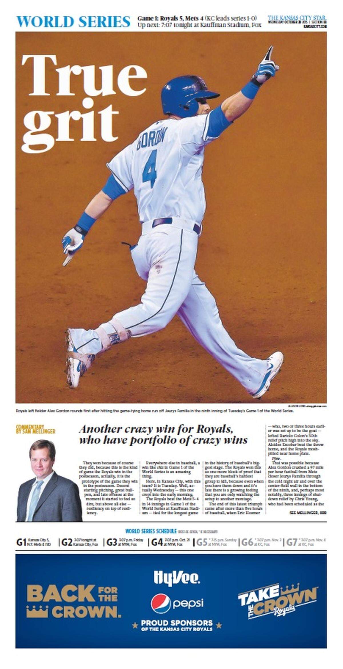 The front page of The Kansas City Star sports section the day after the Royals beat the Mets in Game 1 of the World Series on Oct. 27, 2015.