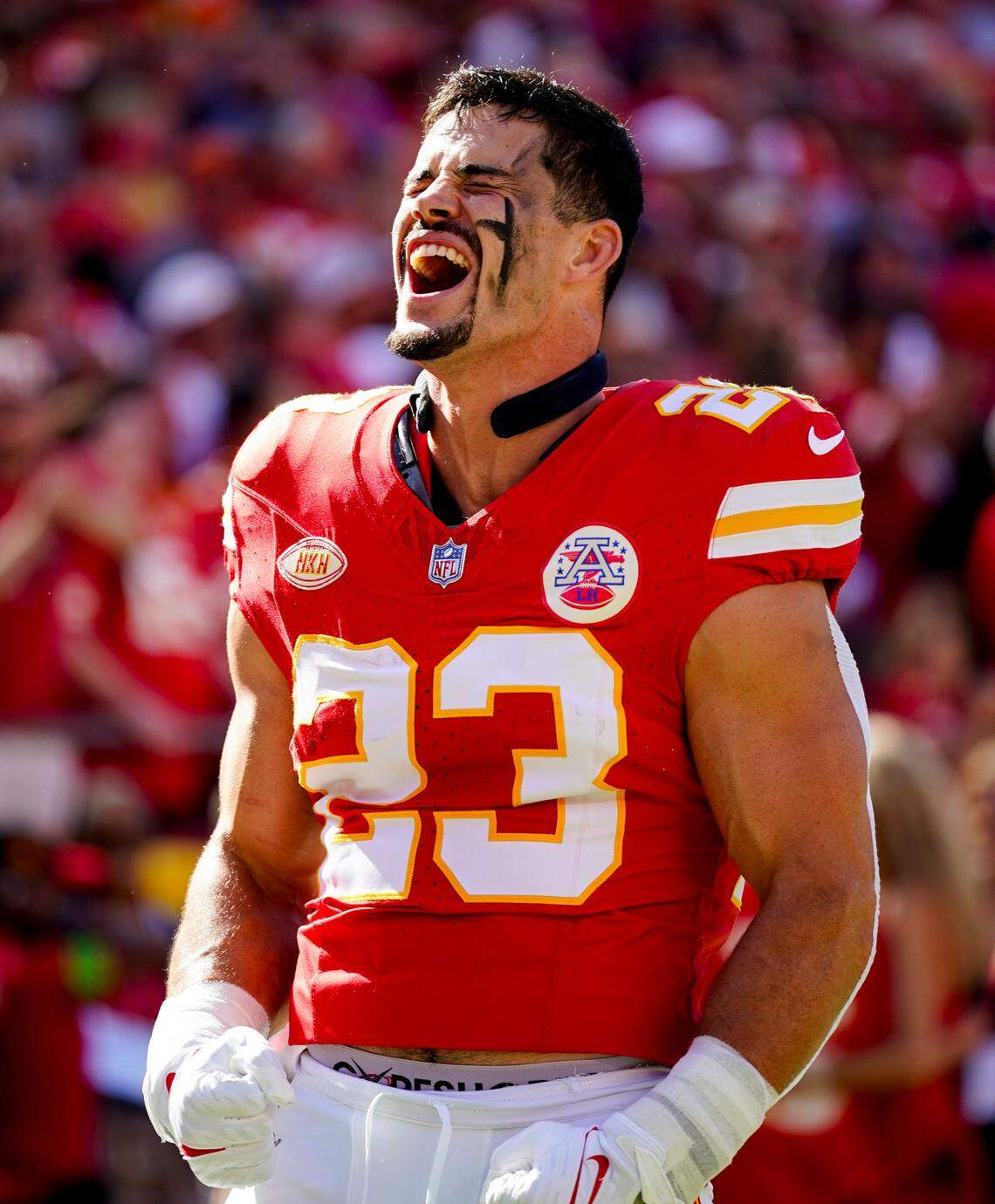 Kansas City Chiefs linebacker Drue Tranquill (23) takes the field prior to a game against the Chicago Bears at GEHA Field at Arrowhead Stadium on Sept. 24, 2023.