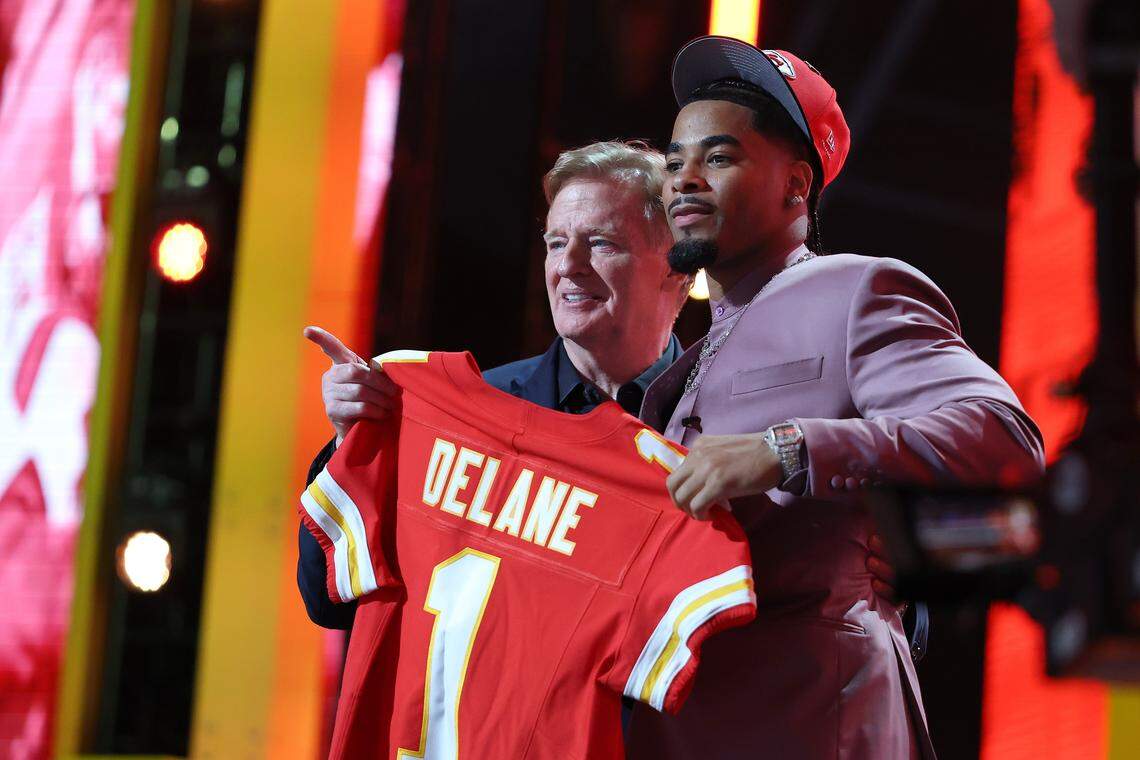 Cornerback Mansoor Delane, right, smiles alongside NFL commissioner Roger Goodell after being selected sixth overall by the Kansas City Chiefs during the first round of the 2026 NFL Draft at Acrisure Stadium in Pittsburgh on Thursday, April 23, 2026. Delane played at LSU last season.
