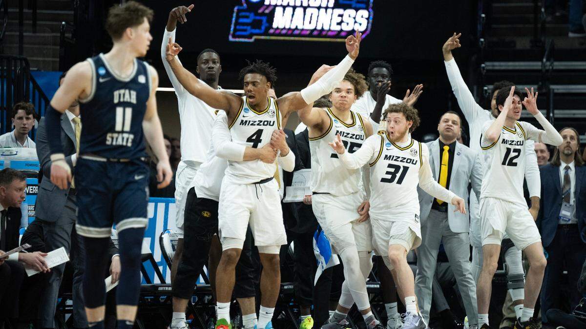 Missouri Tigers reacts after a three-point basket by Missouri Tigers guard Kobe Brown (24) during a game for the NCAA Tournament at Golden 1 Center in Sacramento, Thursday, March 16, 2023.