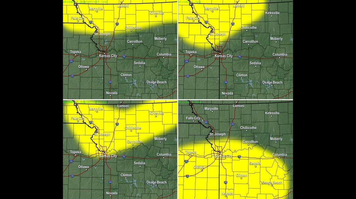 Severe thunderstorms are possible in the Kansas City area on Wednesday, according to National Weather Service in Kansas City. This collection of photos shows where storms are most likely to be between 6 a.m. and 10 a.m. (upper left), 10 a.m. and 1 p.m. (upper right), between 1 and 4 p.m. (bottom left) and 4 and 10 p.m. (bottom right.)