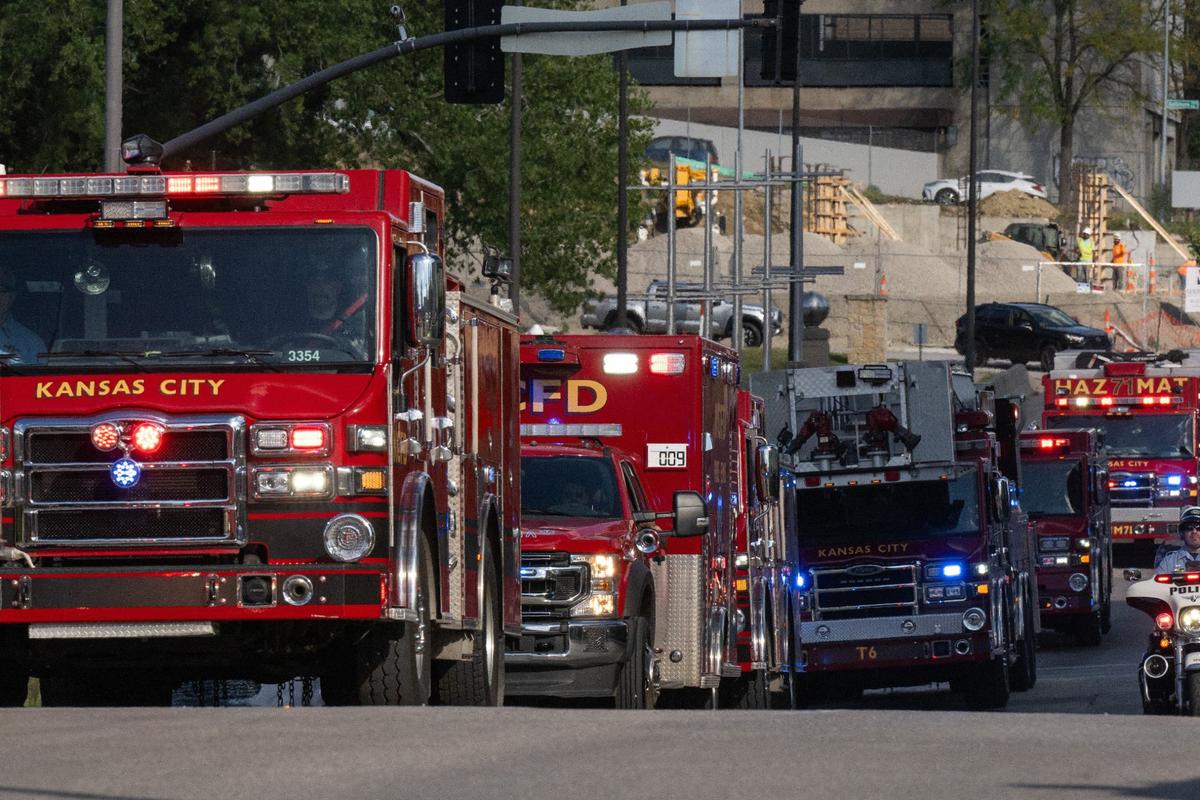 Firetrucks lead the funeral procession for Kyle Brinker on Wednesday, Sept. 25 in Kansas City. Brinker served in KCFD for 11 years, most recently at Station 35, one of KCFD’s busiest stations.