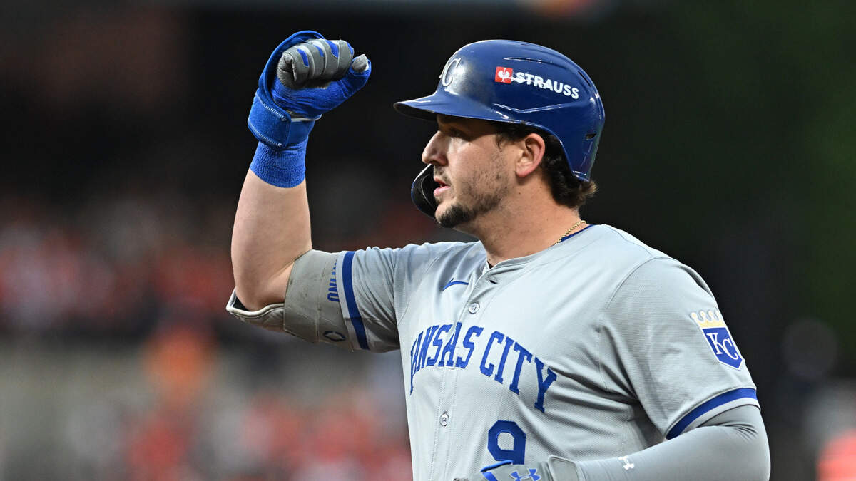 Kansas City Royals designated hitter Vinnie Pasquantino (9) celebrates a single against the Baltimore Orioles in the fifth inning of Game 2 in the Wild Card round on Oct. 2, 2024.