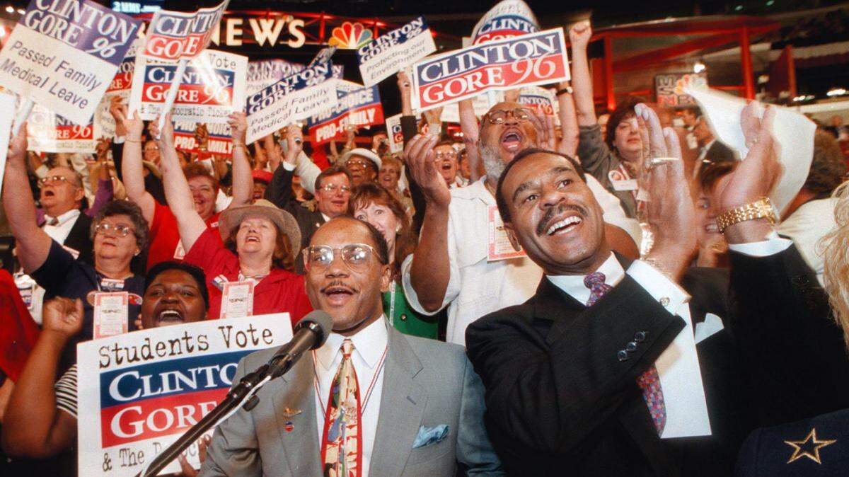 Then-Kansas City Mayor Emanuel Cleaver and St. Louis Mayor Freeman Bosley Jr. led the Missouri delegation in cheering at the 1996 Democratic National Convention in Chicago.