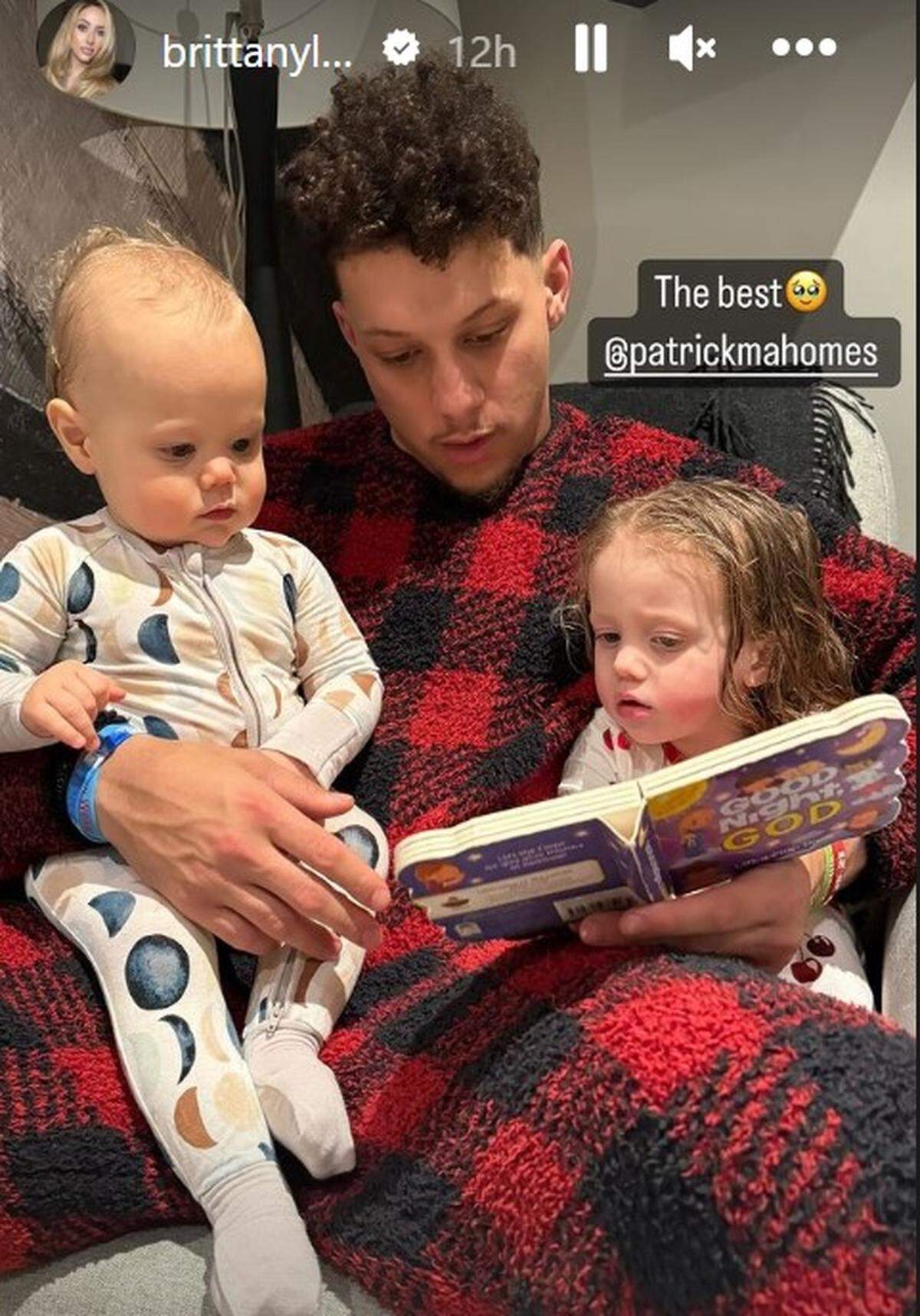 Brittany Mahomes shared this photo of her husband, Chiefs quarterback Patrick Mahomes, reading to their two children.