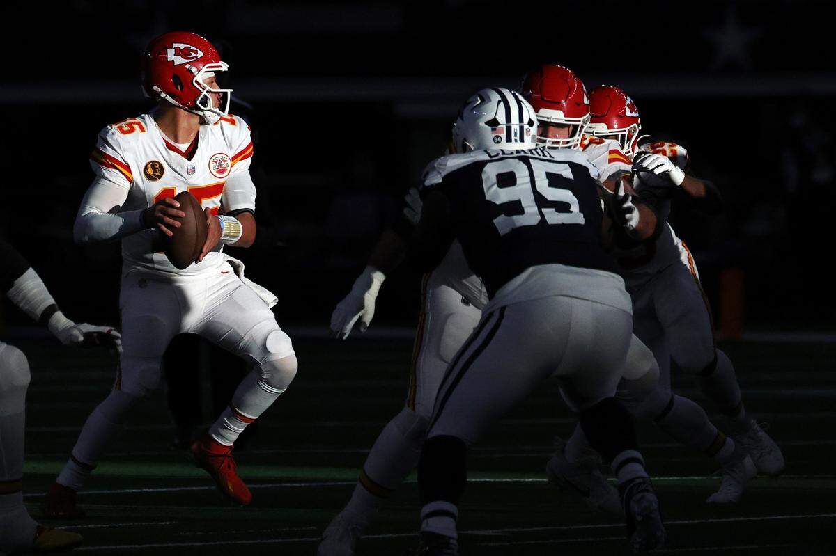 Sun shines on Kansas City Chiefs quarterback Patrick Mahomes during an NFL Week 13 Thanksgiving Day game against the Dallas Cowboys at AT&T Stadium in Arlington, Texas on Thursday, Nov. 27, 2025.