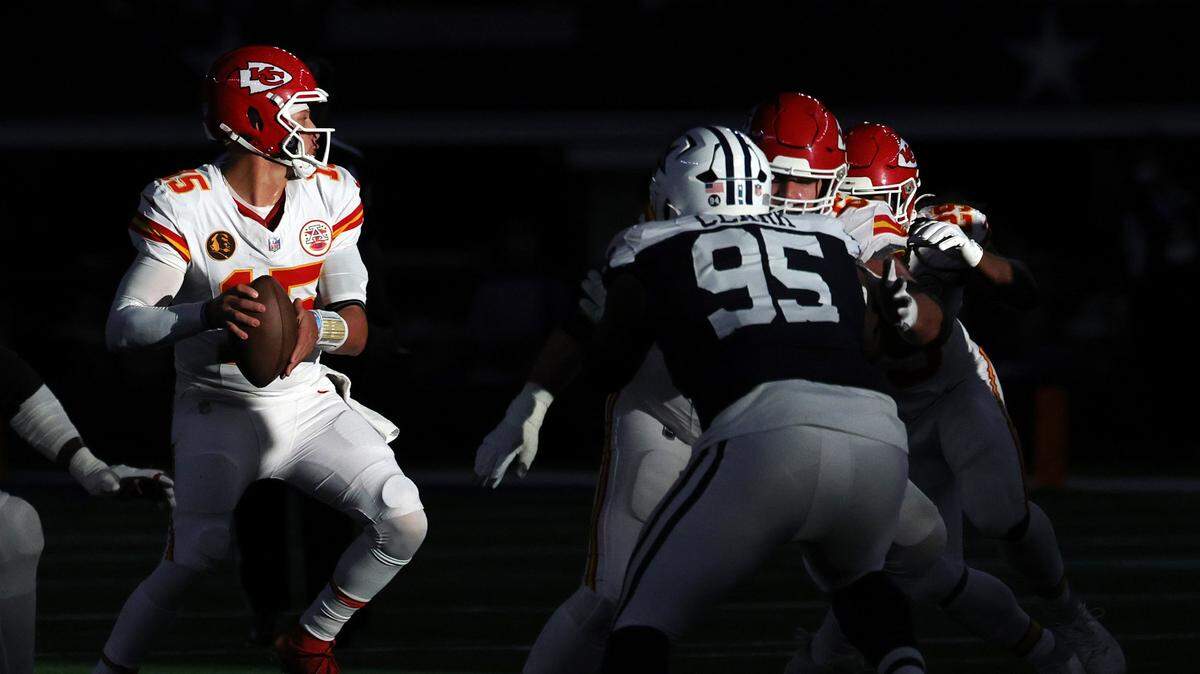Sun shines on Kansas City Chiefs quarterback Patrick Mahomes during an NFL Week 13 Thanksgiving Day game against the Dallas Cowboys at AT&T Stadium in Arlington, Texas on Thursday, Nov. 27, 2025.
