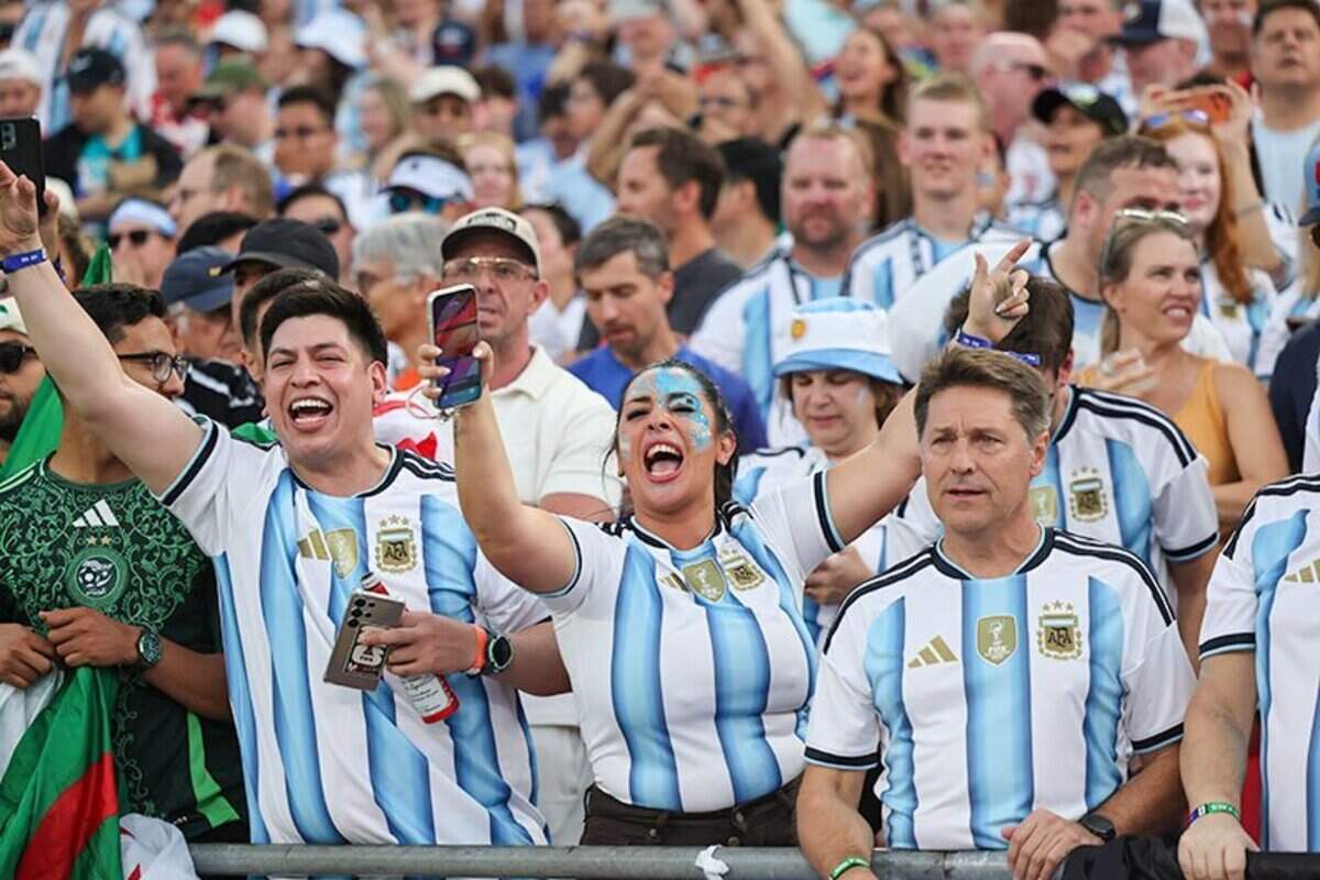Argentina fans cheer at the Argentina vs. Algeria FIFA World Cup group-stage soccer match at Kansas City (Arrowhead) Stadium in Kansas City on Tuesday, June 16, 2026.