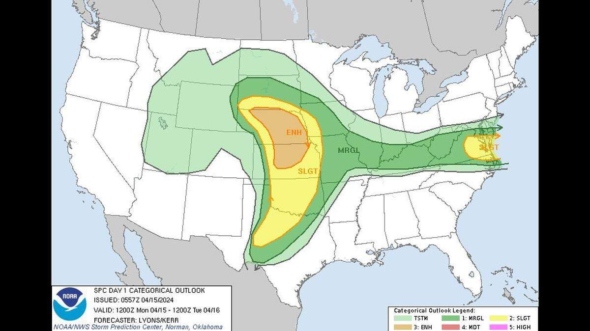 Multiple rounds of strong to severe thunderstorms will likely pass through the Kansas City area on Monday and Tuesday, bringing damaging winds, hail, and maybe an isolated tornado, according to the National Weather Service. While Kansas City is at a slight risk of severe weather, parts of Nebraska and Kansas are at greater risk of severe thunderstorms.