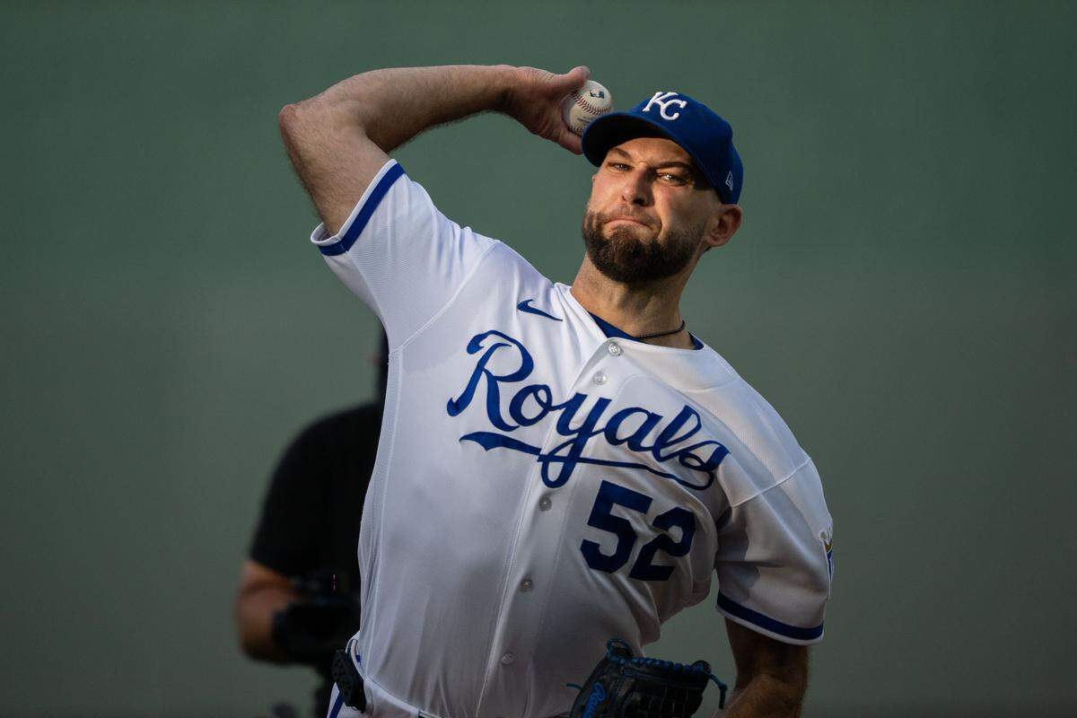 Kansas City Royals pitcher Michael Wacha warms up before a game against the Boston Red Sox on Wednesday, May 20, 2026, at Kauffman Stadium.