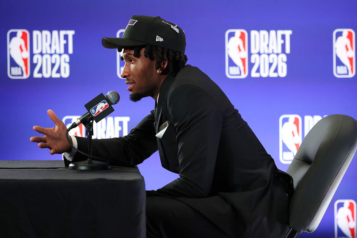 Darryn Peterson speaks to the media after he is drafted second overall by the Utah Jazz during Round 1 of the 2026 NBA Draft at Barclays Center on June 23, 2026 in New York City.
