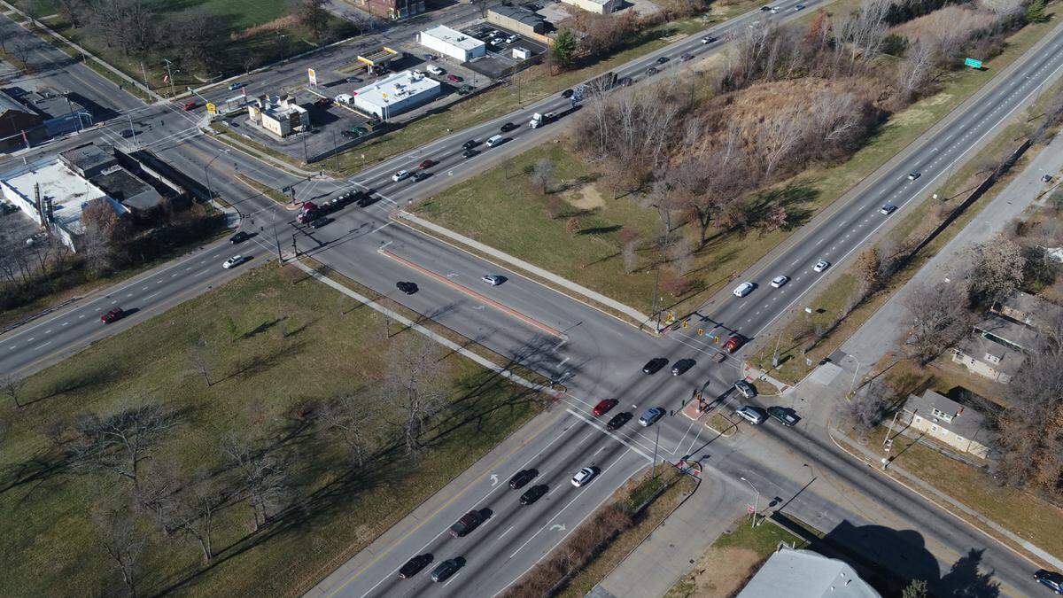 This aerial photo shows the north and southbound lanes of US 71 Highway at Gregory Boulevard in Kansas City.
