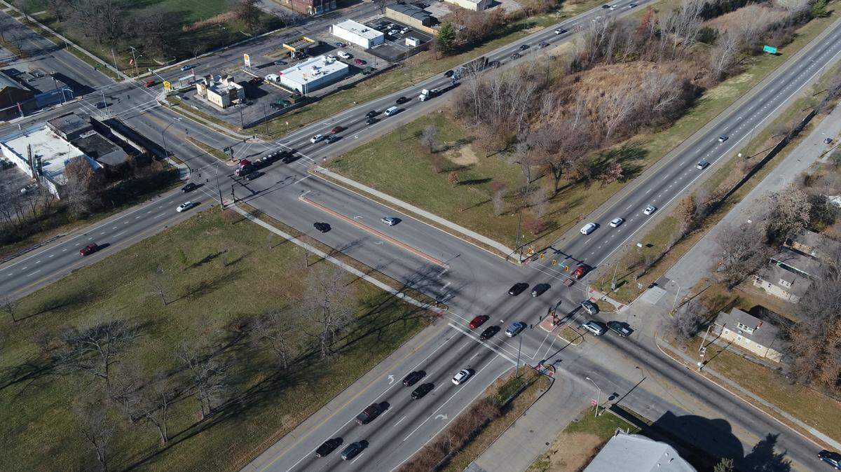 This aerial photo shows the north and southbound lanes of 71 Highway at Gregory Boulevard in Kansas City. The city’s initiative, Reconnecting the East Side, aims to make the corridor safer and less disruptive.