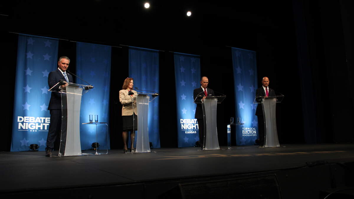 Republican gubernatorial candidates Ty Masterson, Charlotte O’Hara, Philip Sarnecki and Scott Schwab participate in the FOX4 debate on June at Johnson County Community College.