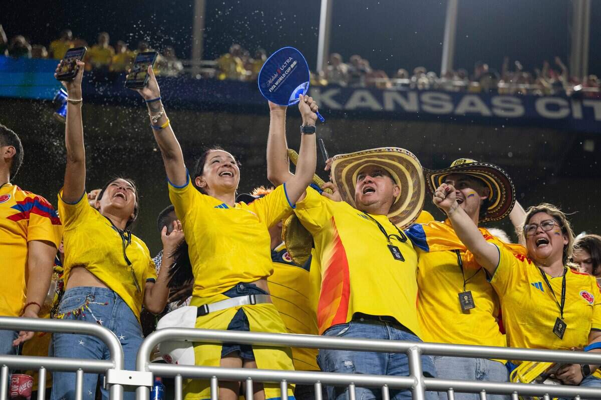 Colombia fans celebrate after Colombia wins a 2026 FIFA World Cup Round of 32 soccer match at Kansas City (Arrowhead) Stadium in Kansas City on Friday, July 3, 2026.