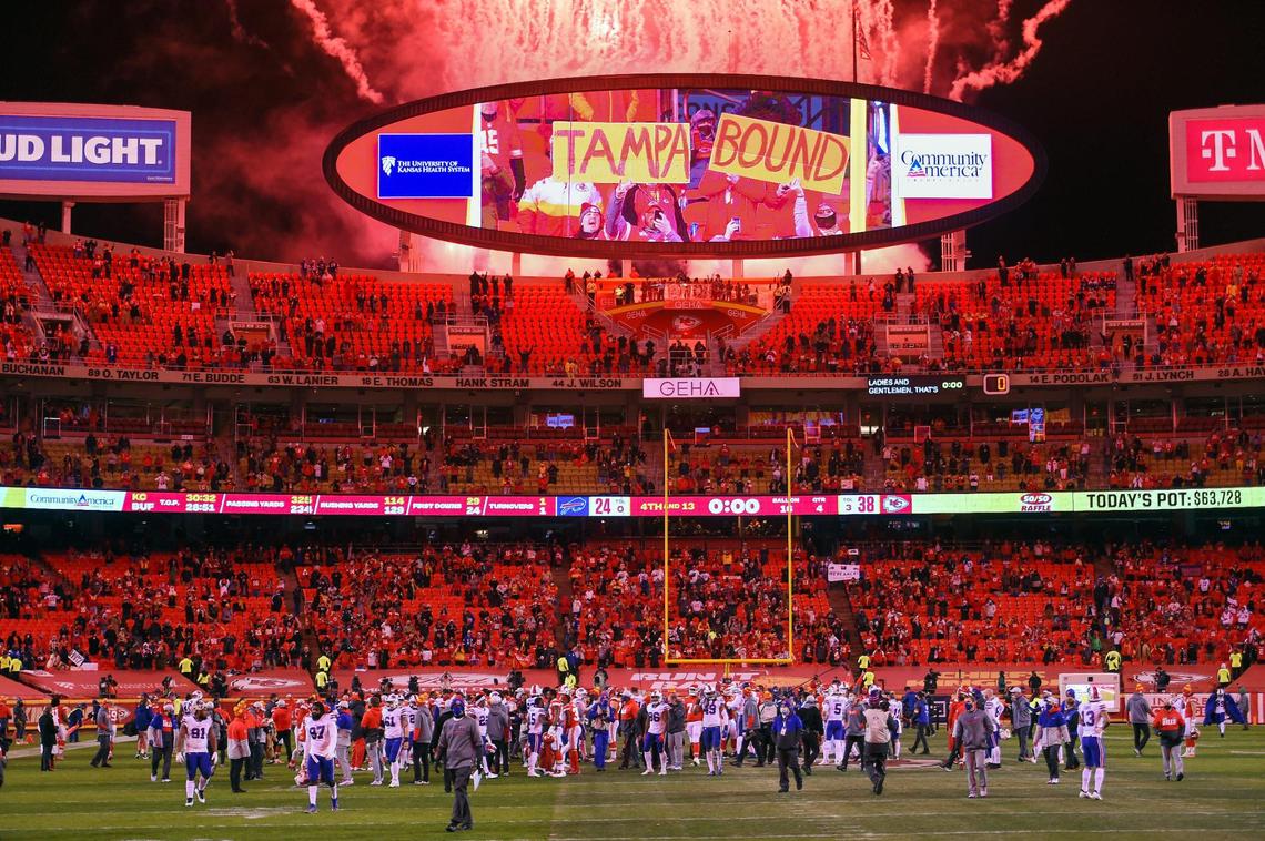The Chiefs celebrate after winning the AFC Championship Game, 38-24, over the Buffalo Bills on Sunday, Jan. 24, 2021, at Arrowhead Stadium in Kansas City. The Chiefs will head to the Super Bowl in Tampa to face the Tampa Bay Bucaneers.