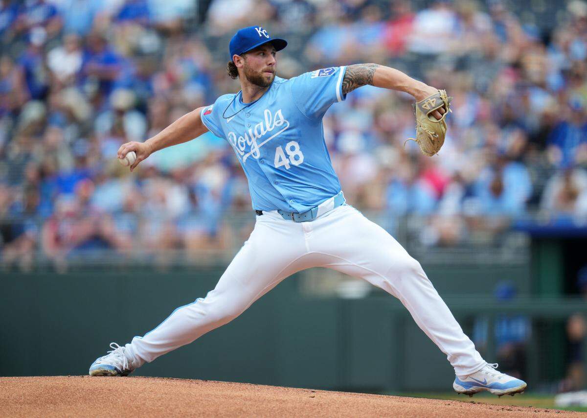 Kansas City Royals starting pitcher Alec Marsh (48) throws against the San Diego Padres during the first inning at Kauffman Stadium on June 1, 2024 in Kansas City, Missouri.