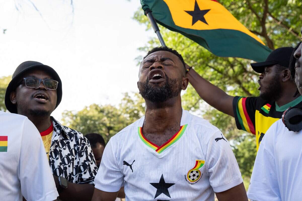 Ghanian fans hold a “jama,” Ghanian for cheer or rally, on Thursday, July 2, 2026, the day before the Ghana soccer team faces Colombia in a Round of 32 match in Kansas City.
