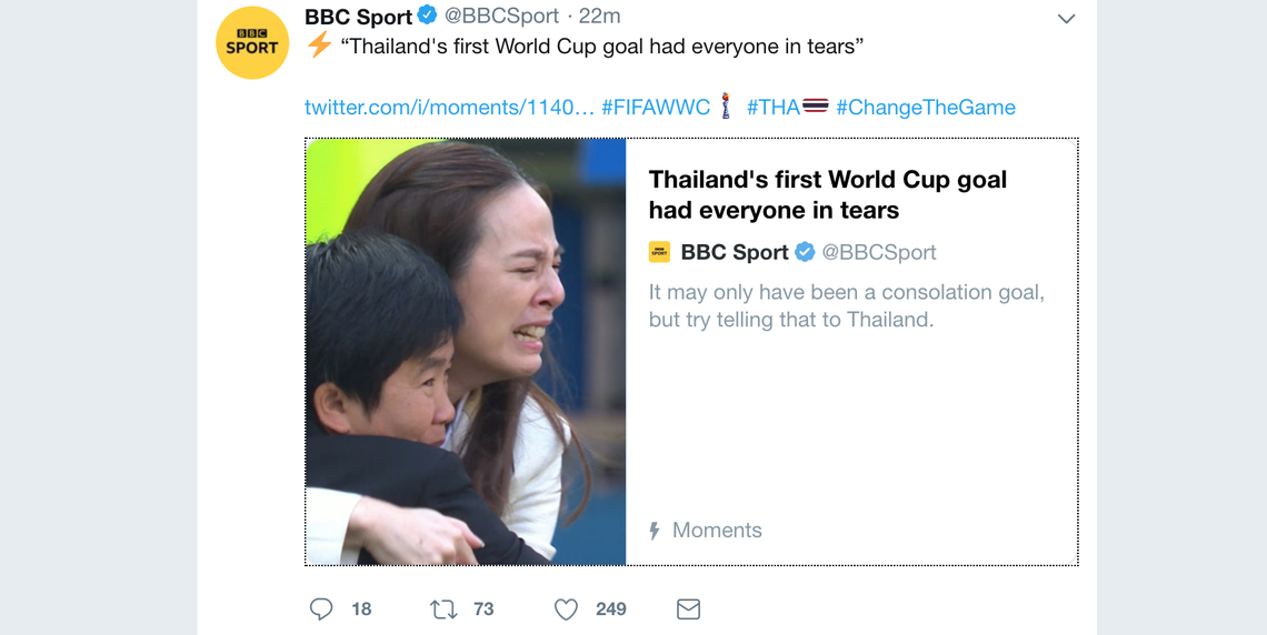 Thailand national women’s team coaches celebrate the team’s first goal of the 2019 FIFA Women’s World Cup.