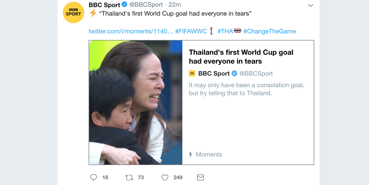 Thailand national women’s team coaches celebrate the team’s first goal of the 2019 FIFA Women’s World Cup.