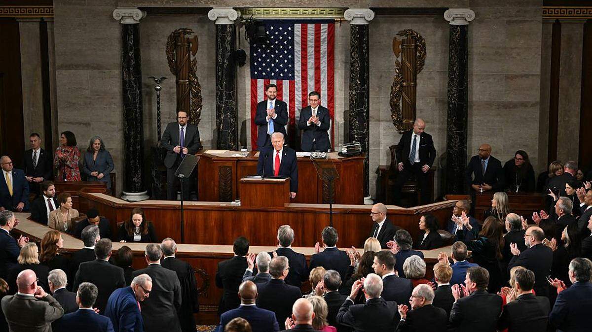 US President Donald Trump concludes his remarks during the State of the Union address in the House Chamber of the US Capitol in Washington, DC, on February 24, 2026. (Photo by ANDREW CABALLERO-REYNOLDS / AFP via Getty Images)