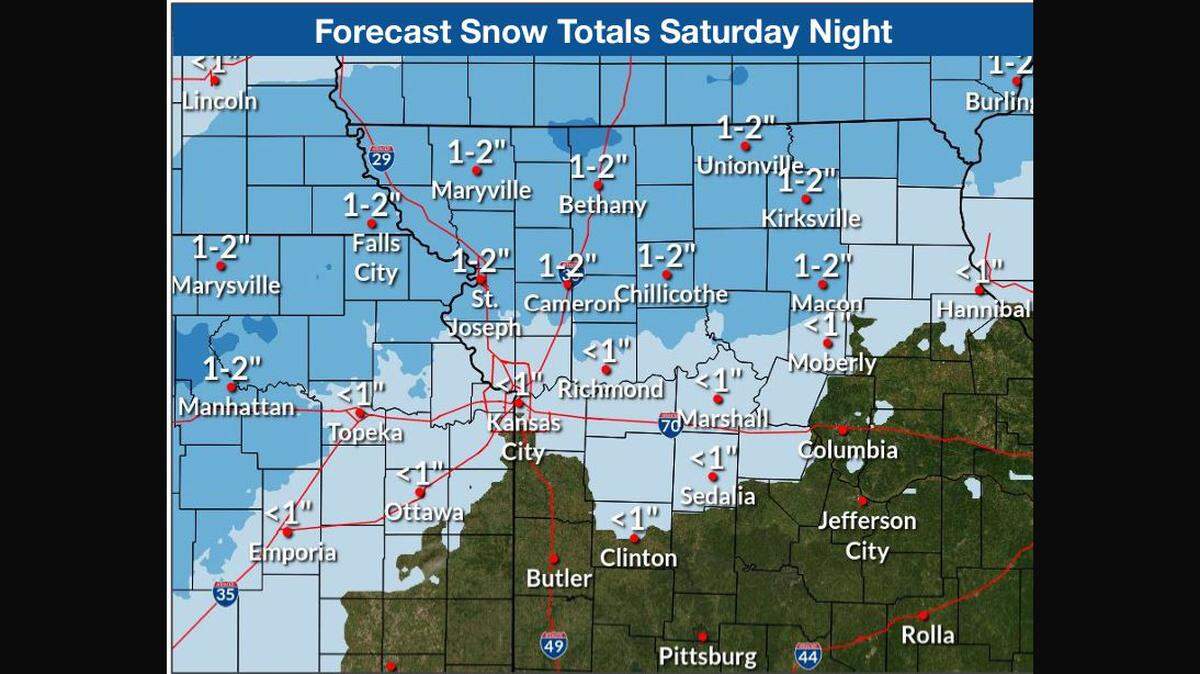 A storm system is expected to pass through the area Saturday, bringing the chance of rain and snow to Kansas City. Snowfall totals are expected to be meager in the metro, although areas to the north could see between one and two inches, according to the National Weather Service.