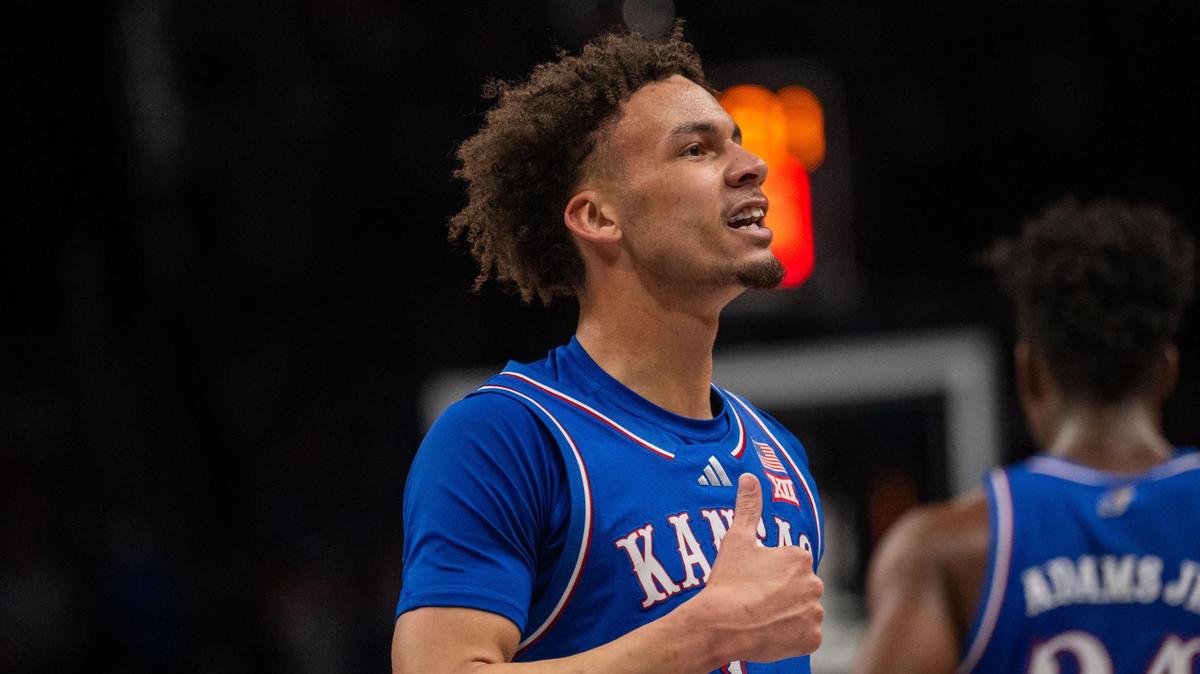Kansas Jayhawks guard Zeke Mayo celebrates after hitting a 3-pointer in the second half of the Big 12 Championship quarterfinal game vs. the Arizona Wildcats on Thursday, March 13, 2025 at T-Mobile Center.